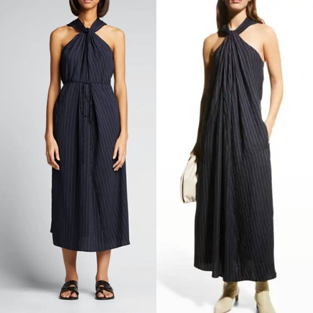 Vince Twist-Front Midi Halter Navy Striped Dress $395 NWT Sz M